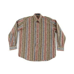Alan Flusser Mens Dress Shirt L Red Blue Tan Paisley Striped Long Sleeve